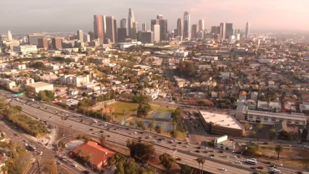 Los Angeles Aerial Time Lapse Sunset Skyline Freeway California Usa — Stock video