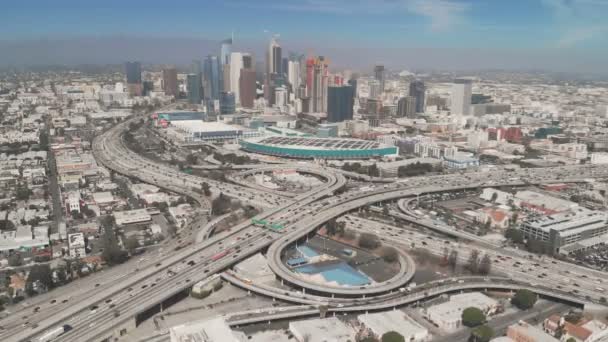 Aerial Time Lapse Los Angeles Downtown Skyline Freeway Interchange South — Video Stock