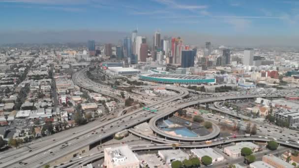 Aerial Los Angeles Skyline Freeway Interchange South Elevate California Usa — Stock Video