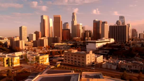 Los Angeles Sunset Aerial Shot Downtown Freeway Elevate California Usa — Stock video