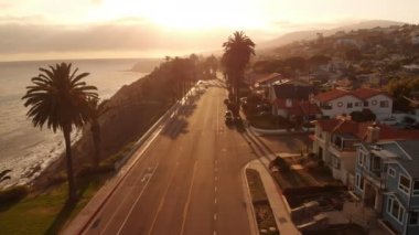 San Pedro 'da Günbatımı Sahil Yolu Kaliforniya Palmiye Ağaçları Üzerinden Uçuyor
