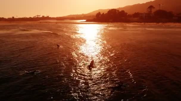 Surfistas Sunset Waves Aerial Shot Malibu California Tracking Right — Vídeo de stock