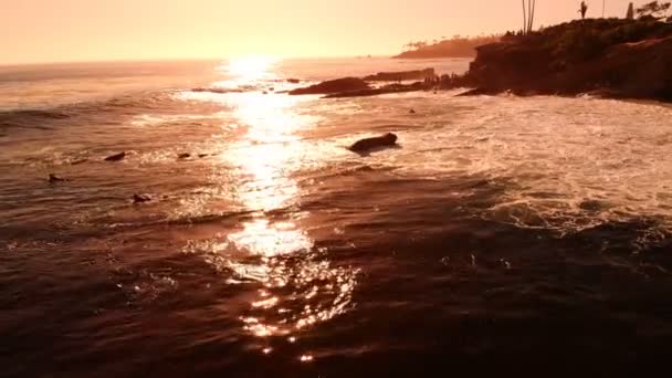 日落浪上冲浪者的空中射箭加利福尼亚海岸线前进 — 图库视频影像