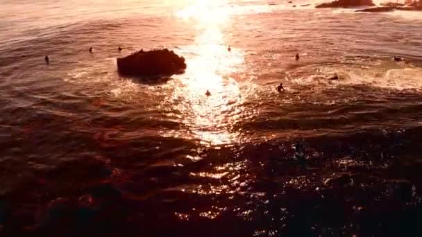 Luchtfoto Van Surfers Sunset Ocean Waves California Coastline Forward Tilt — Stockvideo