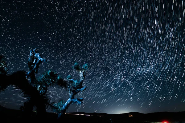 Star Trails Above Joshua Tree Highway Traffic Astrophotography Night Sky in California USA