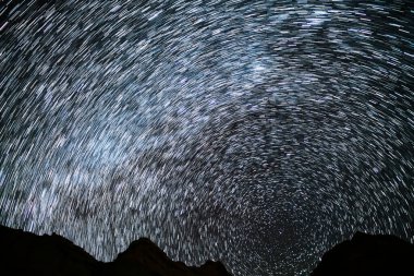 Star Trails of Polaris North Star and Milky Way Galaxy in Northwest Sky at 24mm Over Red Rock Canyon Astrophotography in California USA