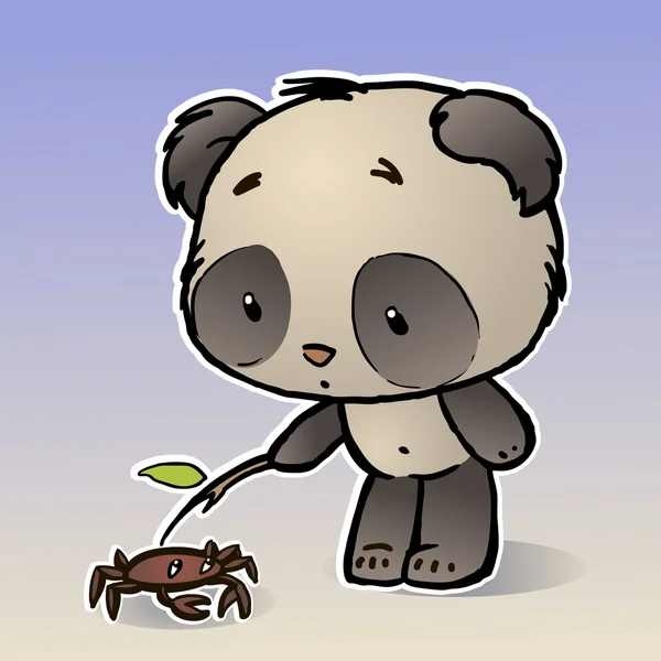 Panda játszik a tengerparton, tarisznyarák — Stock Vector
