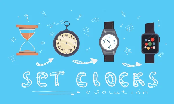 Tipos de relojes de alarmas, temporizadores y relojes establecidos. Estilo de dibujos animados. Evolución — Vector de stock