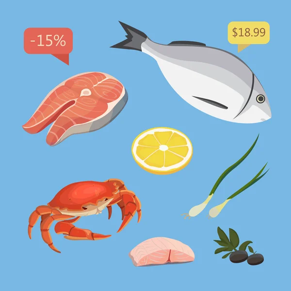 Marisco orgánico fresco. Ilustración vectorial. Conjunto de productos de marisco con filete de salmón . — Vector de stock