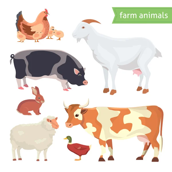 Juego de ilustración vectorial de dibujos animados de animales de granja aislados en blanco — Vector de stock