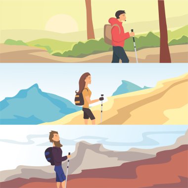 Düz vektör web afiş Hiking, Trekking, yürüyüş Tema kümesi. Spor, Açık Rekreasyon, doğa macera