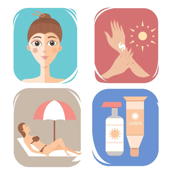 Proteção de pele de creme de cuidado. ilustração do vetor de bronzeamento — Vetor de Stock