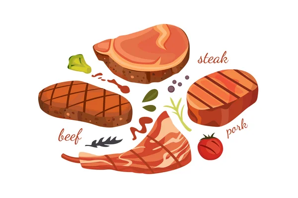 Rundvlees steak vector illustratie set — Stockvector