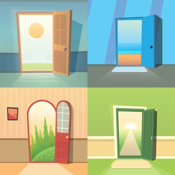 Ανοιχτή πόρτα συλλογή διάνυσμα κινουμένων σχεδίων. Σετ από τέσσερα χαριτωμένα πόρτες. — Διανυσματικό Αρχείο