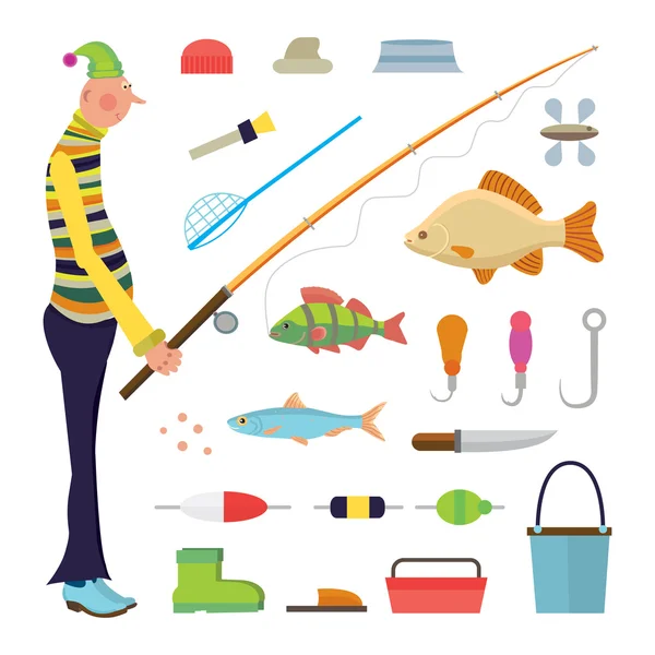 Pescador de desenhos animados e ícones de pesca —  Vetores de Stock