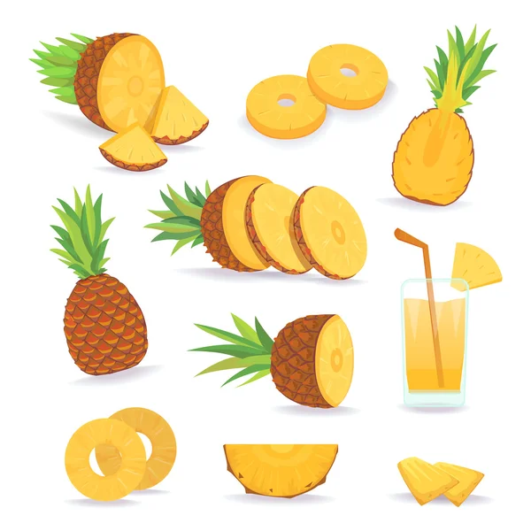 Conjunto de rodajas de piña aisladas sobre fondo blanco. Fruta natural fresca. Perfecto para el diseño de envases cosméticos y alimentos . — Vector de stock