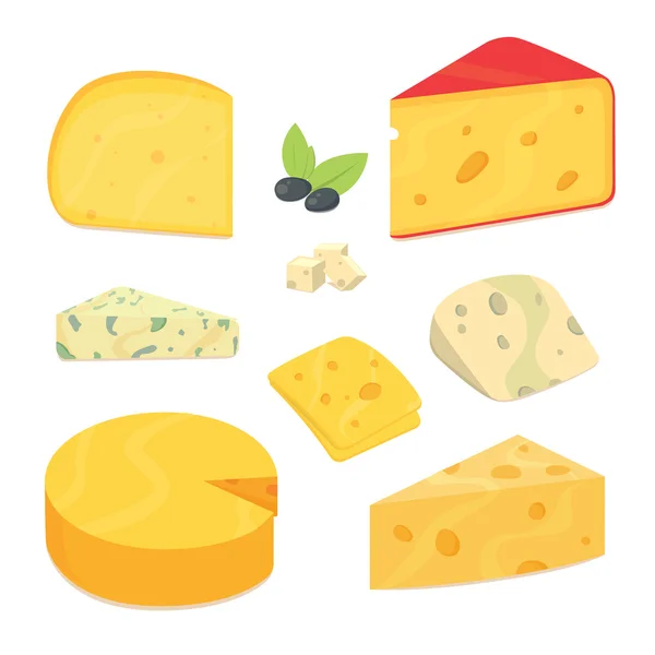 Delicioso icono de variedad de queso fresco conjunto plano ilustración vectorial aislado — Vector de stock