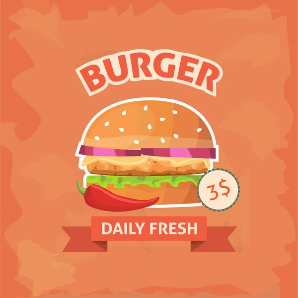 Fast food Burger with sesame meat salad and cheese pop art retro style. Healthy and unhealthy food. Hamburger with chili — Stock Vector