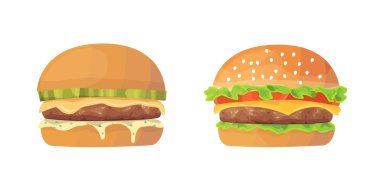 Burger çizgi film seti. taze çizburger ve hamburger resimler. Fast food.