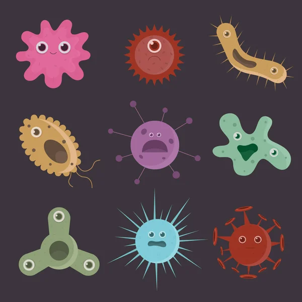 Ensemble de bactéries, micro-organismes et microbes pandémiques. Icônes de virus vectoriels dans le style Cartoon. — Image vectorielle