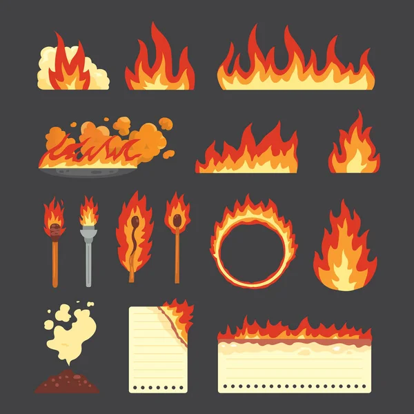 Conjunto de elementos de llama caliente. Colección vectorial de iconos de llama de fuego en estilo de dibujos animados. Llamas de diferentes formas, fuego forestal, hoja de papel ardiente y símbolos llameantes. Gráficos Vectoriales