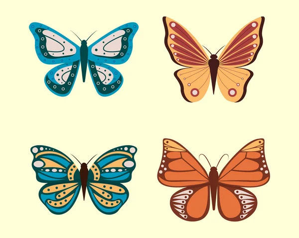 Ilustración vectorial de mariposas de dibujos animados aisladas sobre fondo blanco. Mariposas abstractas, coloridos insectos voladores. — Vector de stock