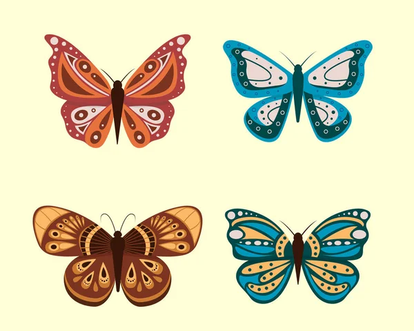Vektorová ilustrace kreslených motýlů izolovaných na bílém pozadí. Abstraktní motýli, barevný létající hmyz. — Stockový vektor