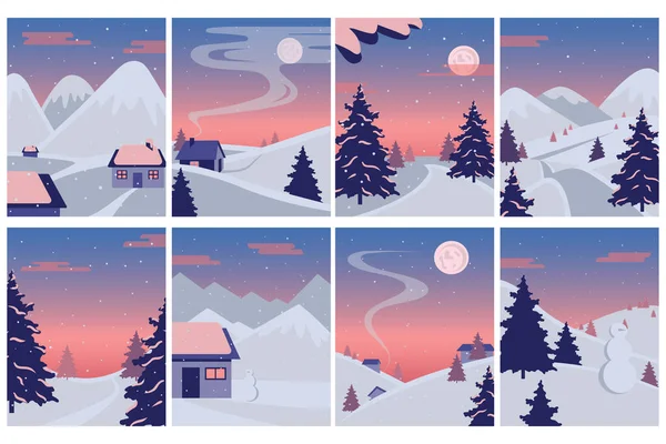 Paisaje de invierno. Ilustración vectorial de un paisaje invernal navideño con muñeco de nieve y ciervo, concepto invernal. — Vector de stock