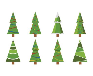 Noel ağacı ikonu, izole kar koydu. Yeni yıl çam ağacı süslemesi. Vektör illüstrasyonu.