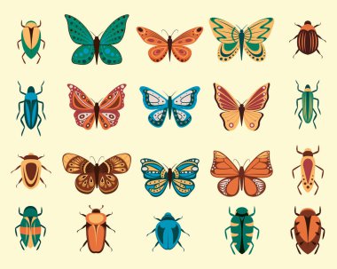 Beyaz arka planda izole edilmiş kelebek ve böceklerin vektör çizimi. Soyut kelebekler, renkli uçan böcekler..