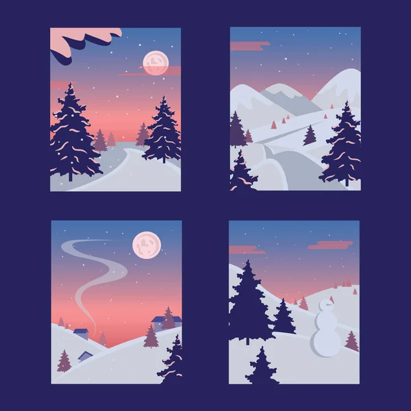 Paisaje de invierno. Ilustración vectorial de un paisaje invernal navideño con muñeco de nieve y ciervo, concepto invernal. — Vector de stock