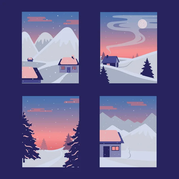 Paisaje de invierno. Ilustración vectorial de un paisaje invernal navideño con muñeco de nieve y ciervo, concepto invernal. — Vector de stock