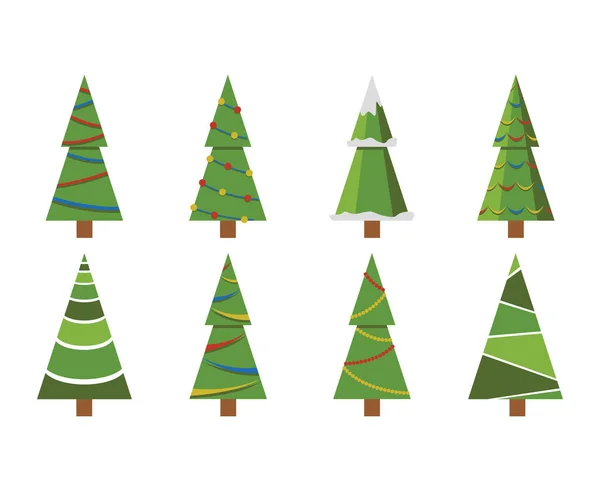 Kerstbomen pictogram set geïsoleerde sneeuw. Dennenboom Nieuwjaar decoratie. Vectorillustratie. — Stockvector