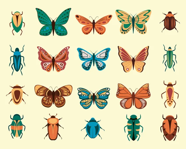 Vektorové ilustrace kreslených motýlů a brouků izolovaných na bílém pozadí. Abstraktní motýli, barevný létající hmyz. — Stockový vektor