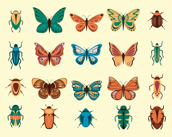 Ilustración vectorial de mariposas de dibujos animados e insectos aislados sobre fondo blanco. Mariposas abstractas, coloridos insectos voladores. Gráficos Vectoriales