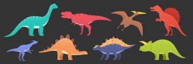 Dinozor vektörü karanlıkta izole edildi. Dinozorlar hayvan avcıları ve otçullardır. Triceratops, tyrannosaurus ve stegosaurus, brontosaurus, spinosaurus ve velociraptor, pteranodon dino simgeleri.