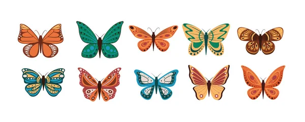 Ilustração vetorial de borboletas de desenhos animados isoladas em fundo branco. Borboletas abstratas, inseto voador colorido. Vetores De Stock Royalty-Free