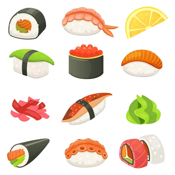 Sushi y panecillos tradicionales japoneses. Mariscos asiáticos, restaurante delicioso y set de sashimi. ilustración vectorial . — Vector de stock