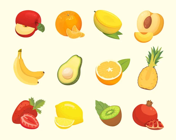 Ícones de comida vegetariana em estilo cartoon. Cor frutas orgânicas tropicais frescas. Saúde frutado colheita ilustração. —  Vetores de Stock