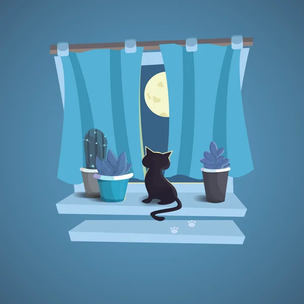 Μια γάτα κάθεται στο περβάζι. Νύχτα — Διανυσματικό Αρχείο