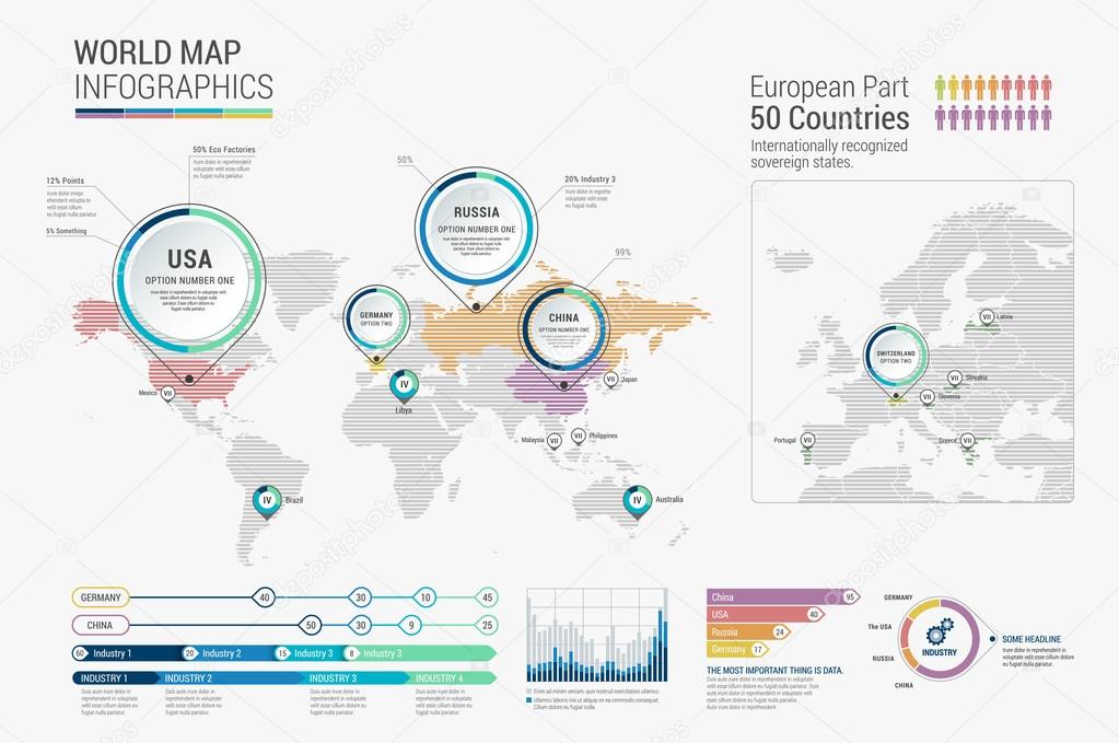 Set of infographics elements - world map, diagrams templates. 