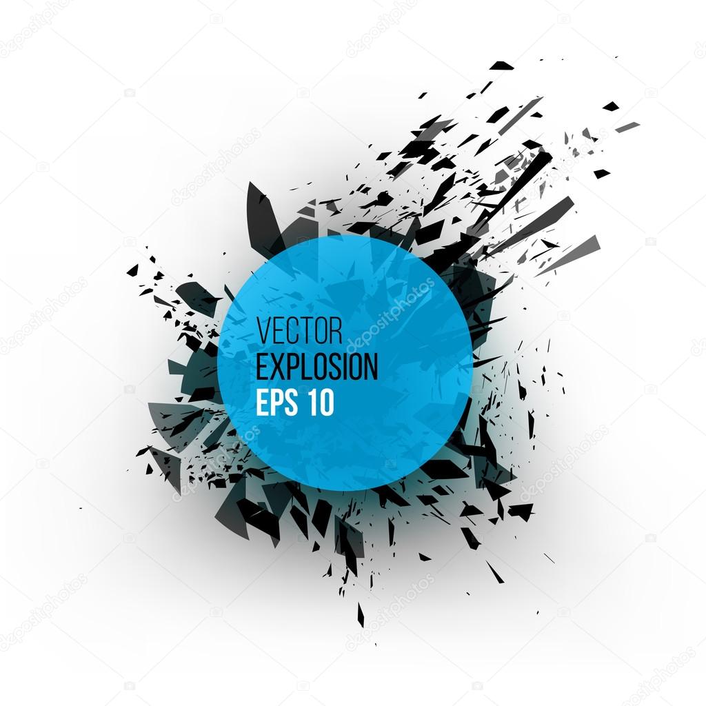 Abstract explosion cloud of blue  black glass pieces on white background for design template with circle. Grunge vector illustration.
