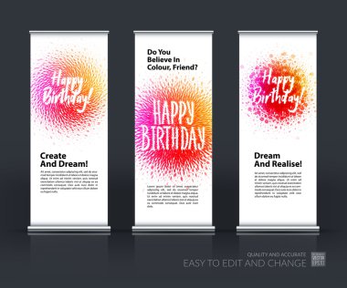 Vector set of modern roll up banner stand design with Happy birt clipart