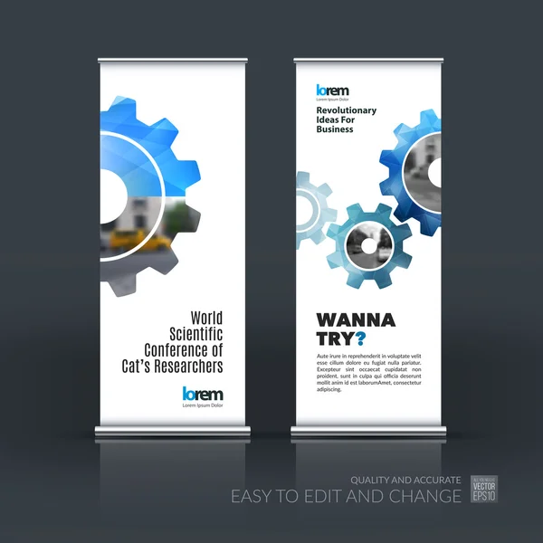 Vector set van moderne Roll up banner stand ontwerp met blauwe versnelling — Stockvector