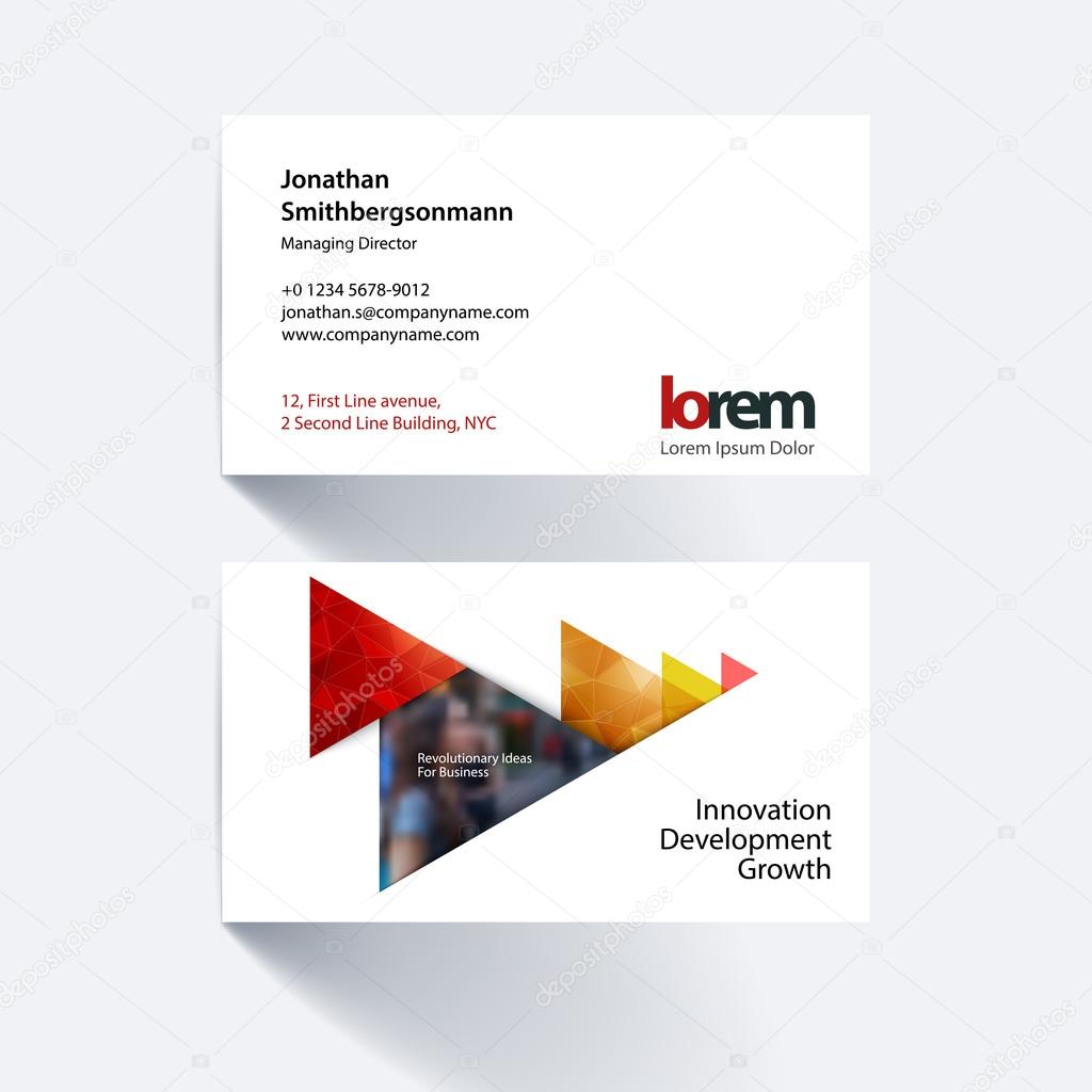 Vector business card template with orange moving triangles, arro