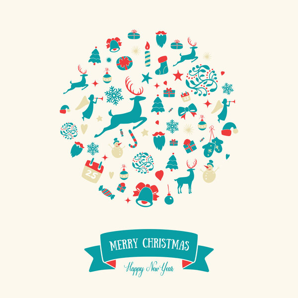 Christmas round ornaments design. Merry  card decoratio