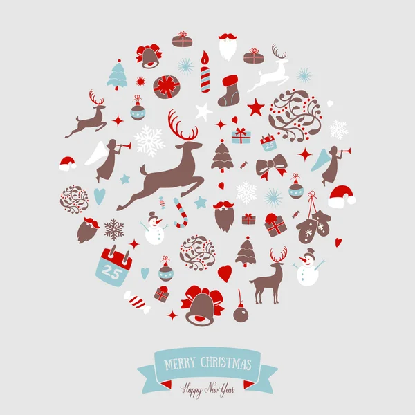 Diseño de adornos redondos de Navidad. Decoración de la tarjeta feliz — Vector de stock