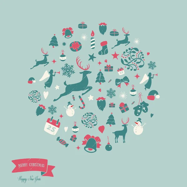 Diseño de adornos redondos de Navidad. Decoración de la tarjeta feliz — Vector de stock