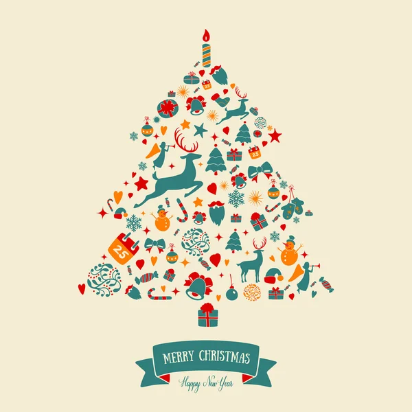 Design a forma di albero di Natale. Cartolina decorata. Ah! — Vettoriale Stock