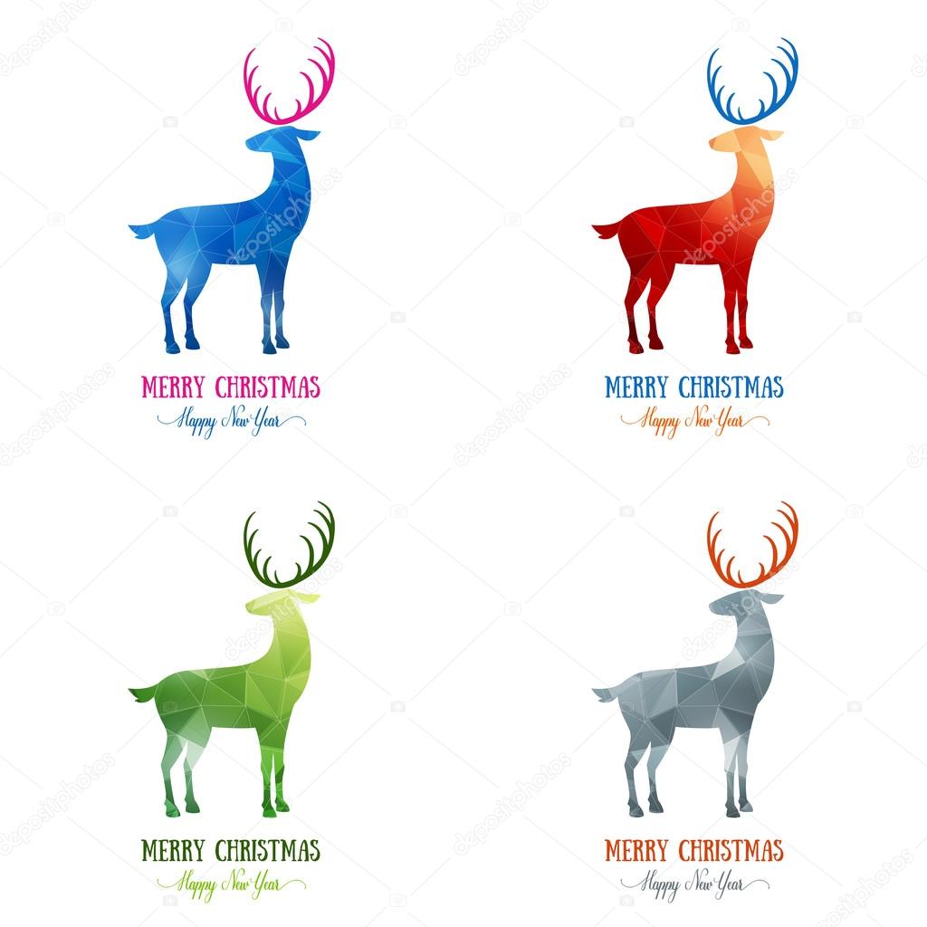 Merry Christmas card decoration with animal Happy New Year element design Set of polygonal colorful deer stand Reindeer artwork template for winter